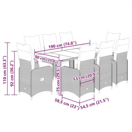 Градински бистро комплект с възглавници 9 части черен полиратан