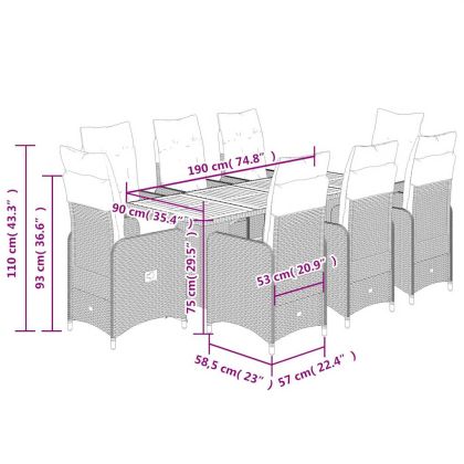 Градински бистро комплект с възглавници 9 части черен полиратан