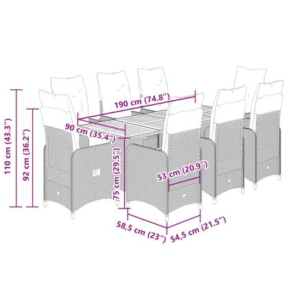 Градински бистро комплект с възглавници 9 части сив полиратан