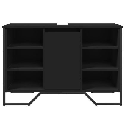 Шкаф за мивка за баня, черен, 91x35x60 см, инженерно дърво