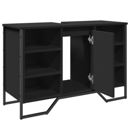 Шкаф за мивка за баня, черен, 91x35x60 см, инженерно дърво