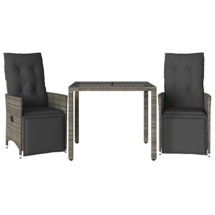 Градински бистро комплект с възглавници 3 части сив полиратан