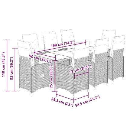 Градински бистро комплект с възглавници 9 части черен полиратан