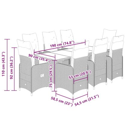 Градински бистро комплект с възглавници 9 части черен полиратан
