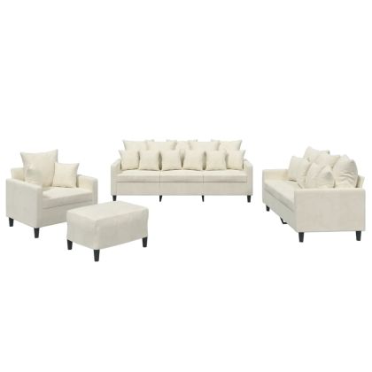 Комплект дивани от 4 части с възглавници, кремав, кадифе