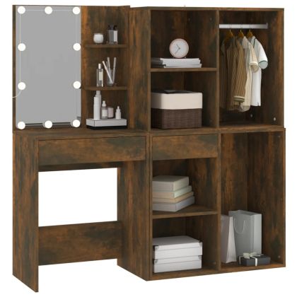 LED тоалетка с шкафове, опушен дъб, инженерно дърво