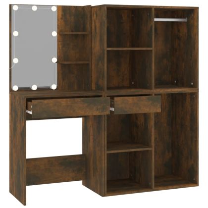 LED тоалетка с шкафове, опушен дъб, инженерно дърво