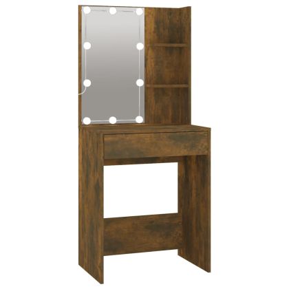 LED тоалетка с шкафове, опушен дъб, инженерно дърво