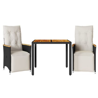 Градински бистро комплект с възглавници 3 части черен полиратан