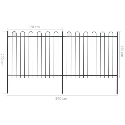 Градинска ограда с обръч връх, стомана, 359x150 см, черна