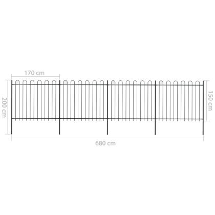 Градинска ограда с обръч връх, стомана, 714,5x150 см, черна