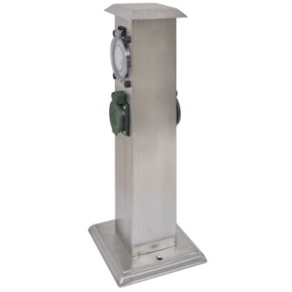 Градински стълб за ел. контакти, неръждаема стомана с часовник