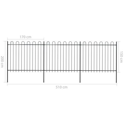 Градинска ограда с обръч връх, стомана, 537x150 см, черна