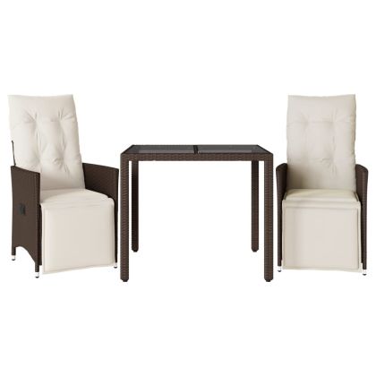 Градински бистро комплект с възглавници 3 части кафяв полиратан