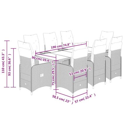 Градински бистро комплект с възглавници 9 части кафяв полиратан