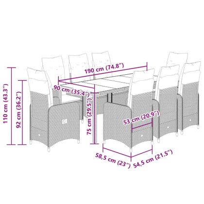 Градински бистро комплект с възглавници 9 части бежов полиратан