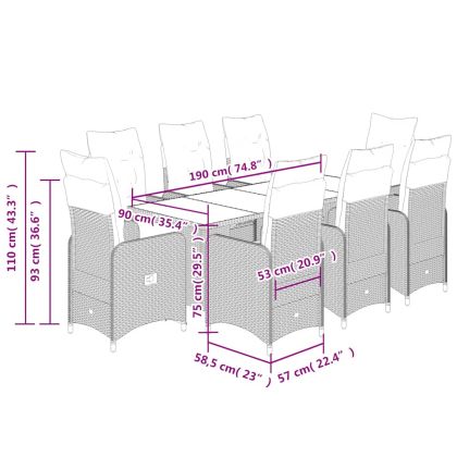 Градински бистро комплект с възглавници 9 части кафяв полиратан