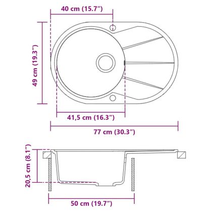 Гранитна кухненска мивка с едно корито, овална, черна