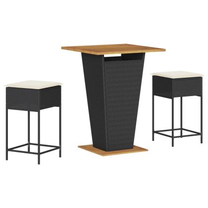 Градински бар комплект от 3 части с възглавници черен полиратан
