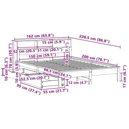 Легло с етажерка за книги, без матрак, 150x200 см, бор масив