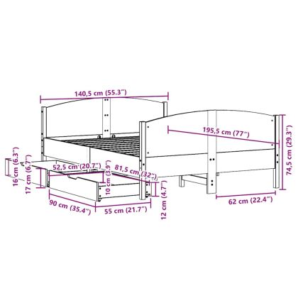 Рамка за легло без матрак, бял, 135x190 см, бор масив