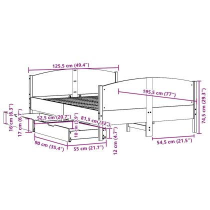 Рамка за легло без матрак, бял, 120x190 см, борово дърво масив