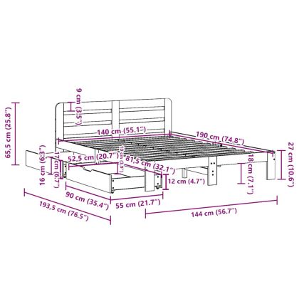 Рамка за легло без матрак, бял, 140x190 см, бор масив