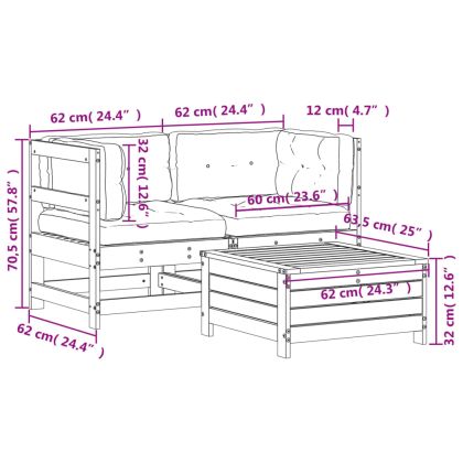 Градински лаундж комплект 3 части с възглавници импрегниран бор