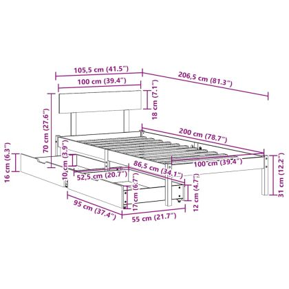 Рамка за легло без матрак, бял, 100x200 см, бор масив