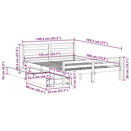 Рамка за легло без матрак, бял, 135x190 см, бор масив