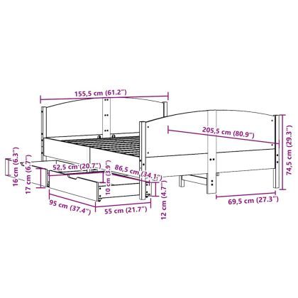 Рамка за легло без матрак, бял, 150x200 см, бор масив