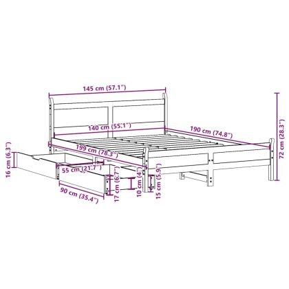 Рамка за легло без матрак, бял, 140x190 см, бор масив