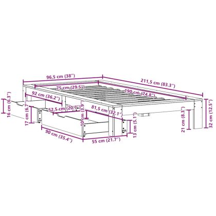 Рамка за легло без матрак, бял, 75x190 см, борово дърво масив