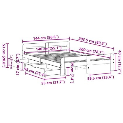 Рамка за легло без матрак, бял, 140x200 см, бор масив