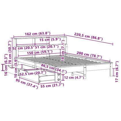 Легло с етажерка за книги, без матрак, 150x200 см, бор масив