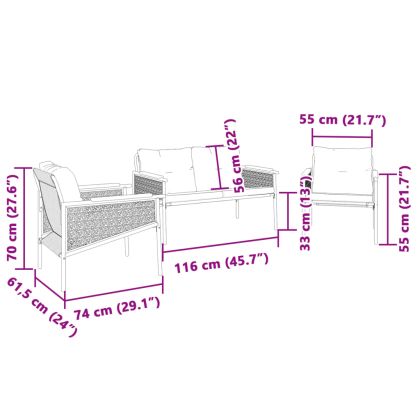 Комплект балконски мебели 3 части с възглавници черен стомана