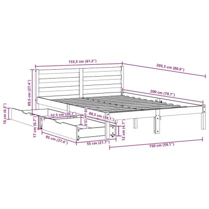 Рамка за легло без матрак, бял, 150x200 см, бор масив