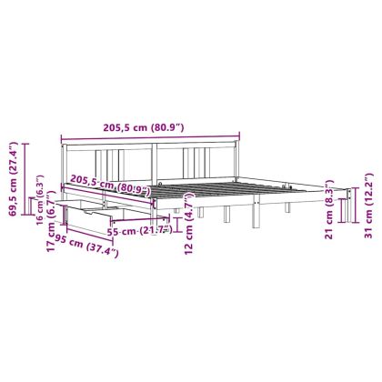 Рамка за легло без матрак, бял, 200x200 см, бор масив
