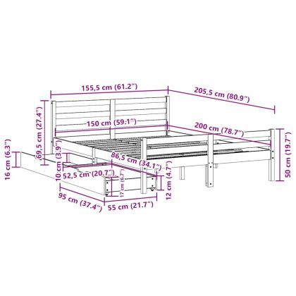 Рамка за легло без матрак, бял, 150x200 см, бор масив