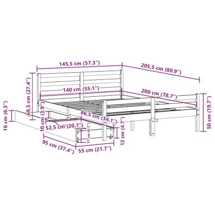 Рамка за легло без матрак, бял, 140x200 см, бор масив