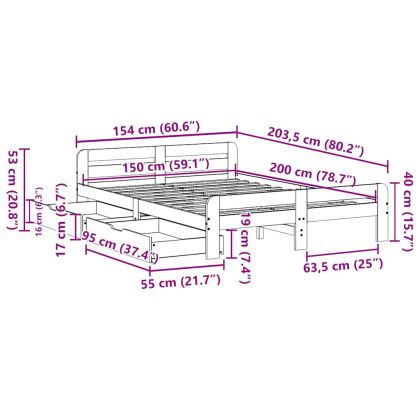 Рамка за легло без матрак, бял, 150x200 см, бор масив