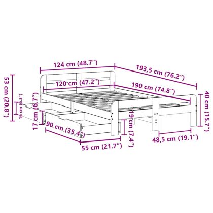 Рамка за легло без матрак, бял, 120x190 см, борово дърво масив