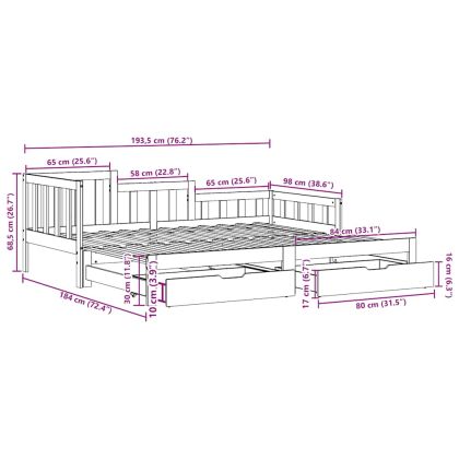 Дневно легло с уширение и чекмеджета без матрак бял 90x190 см