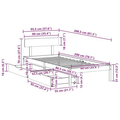 Рамка за легло без матрак, бял, 90x200 см, бор масив