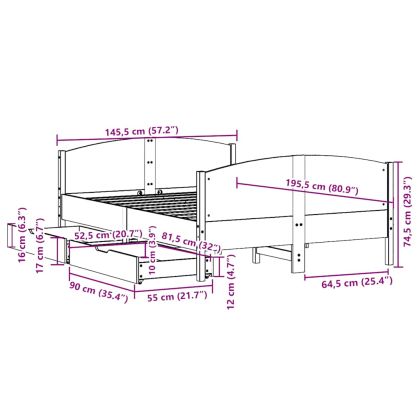 Рамка за легло без матрак, бял, 140x190 см, бор масив