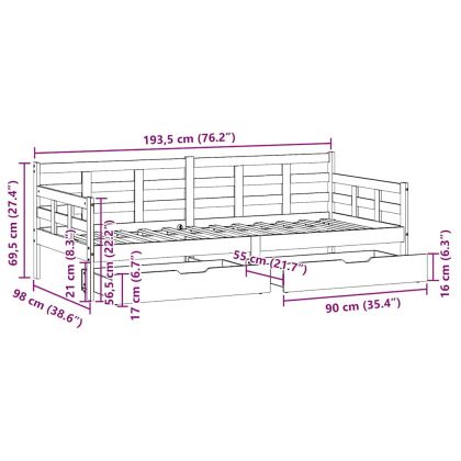 Дневно легло с чекмеджета без матрак бял 90x190 см дърво масив