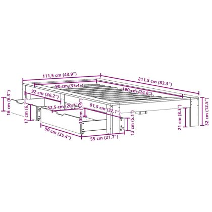 Рамка за легло без матрак, бял, 90x190 см, борово дърво масив