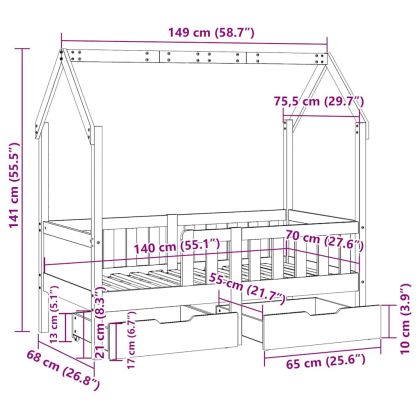 Детско легло рамка с чекмеджета без матрак 70x140 см бор масив