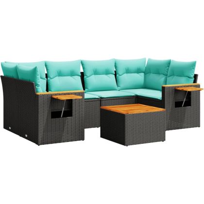 Градински комплект диван с възглавници 7 части черен полиратан