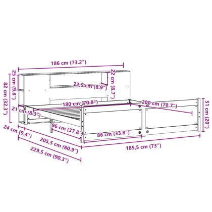 Легло с етажерка за книги, без матрак, 180x200 см, бор масив